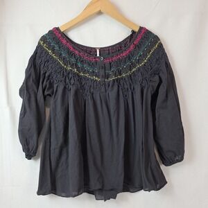 Free People Women's Blouse Smocked Gray Medium Thin Semi Sheer